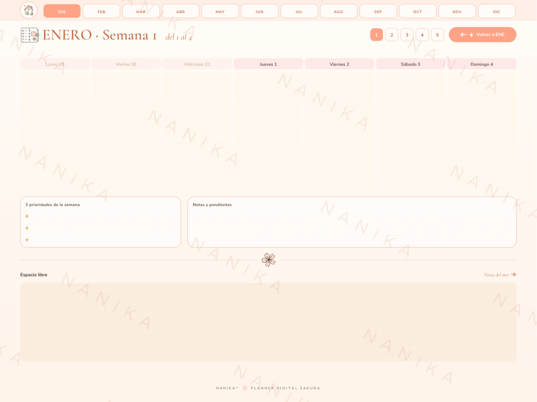 Vista semanal del Planner Digital Sakura