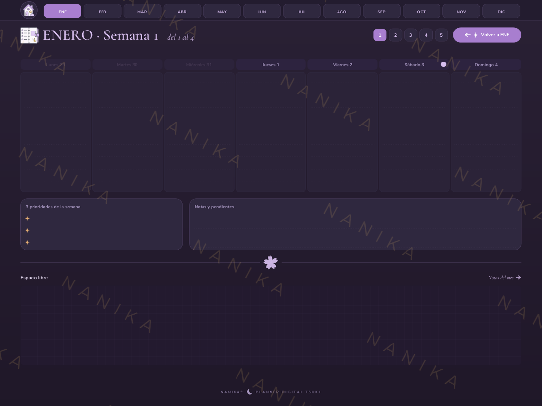 Vista semanal del Planner Digital Tsuki