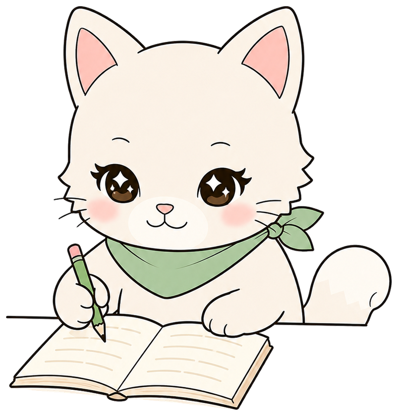 Naneko, la mascota de NANIKA, escribiendo en su cuaderno