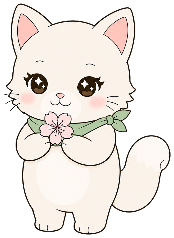 Naneko, la mascota de NANIKA, con una flor de sakura