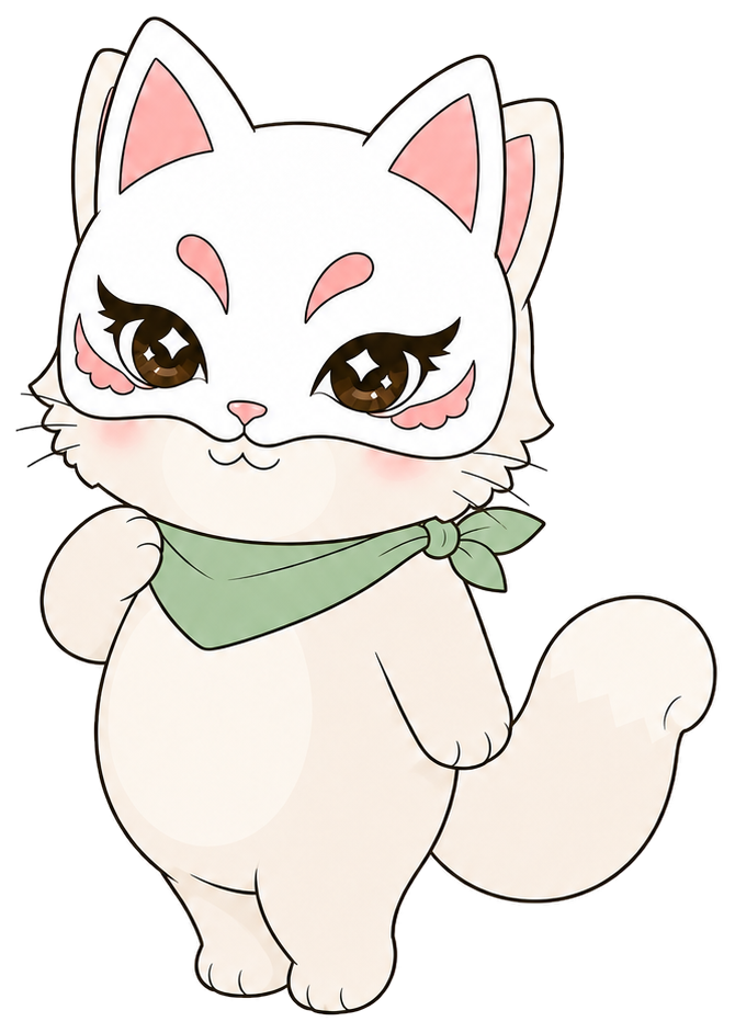 Ninika, la mascota de NANIKA, con su máscara kitsune